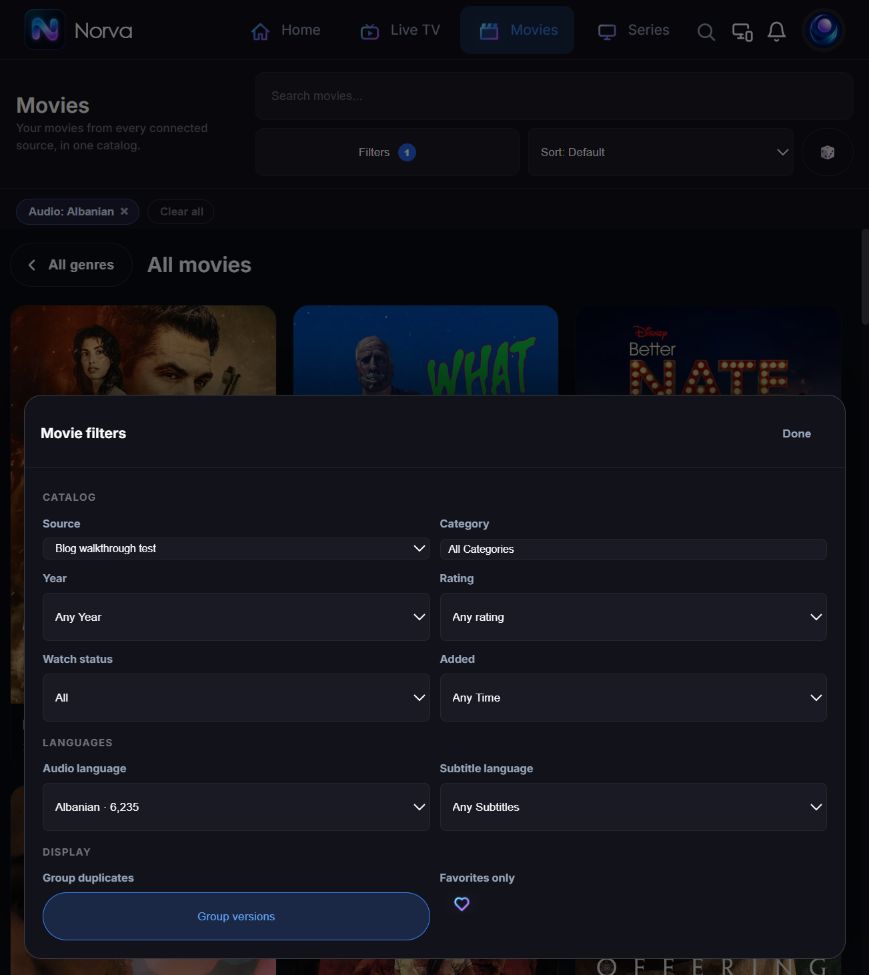 Norva Movie filters showing the test source, All Categories and Albanian selected under Audio language.