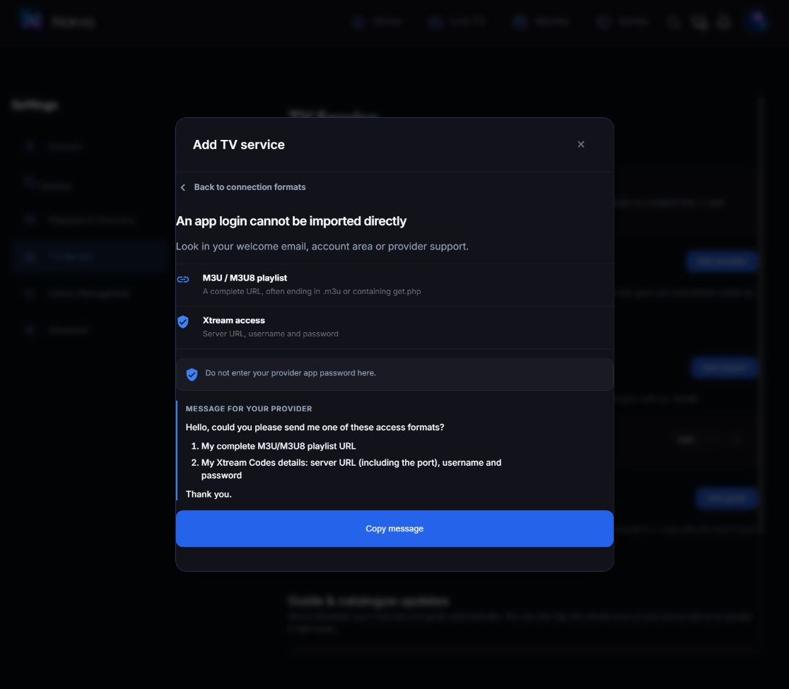 Norva help panel explaining that an app login needs compatible source details before it can be connected.