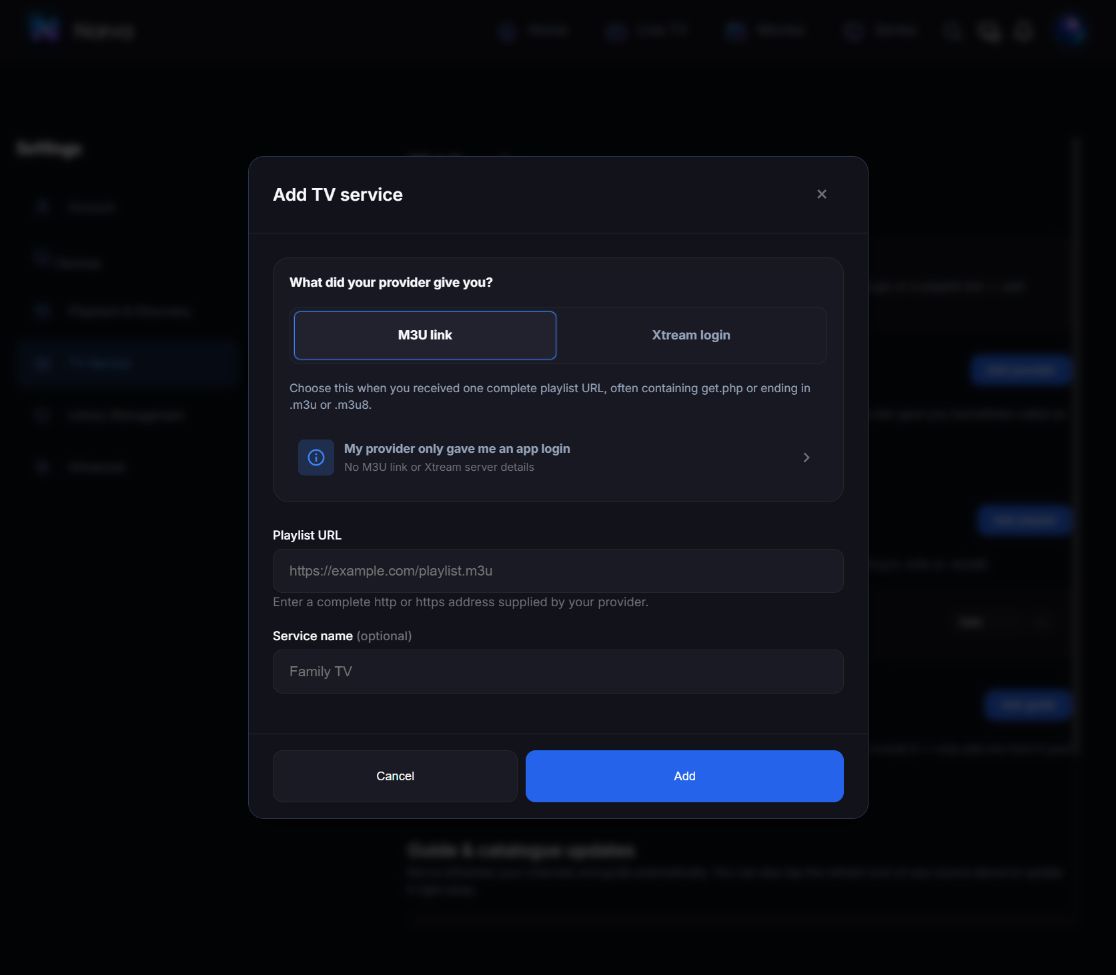 Norva web source form showing the M3U link tab, an empty Playlist URL field and an optional service name.