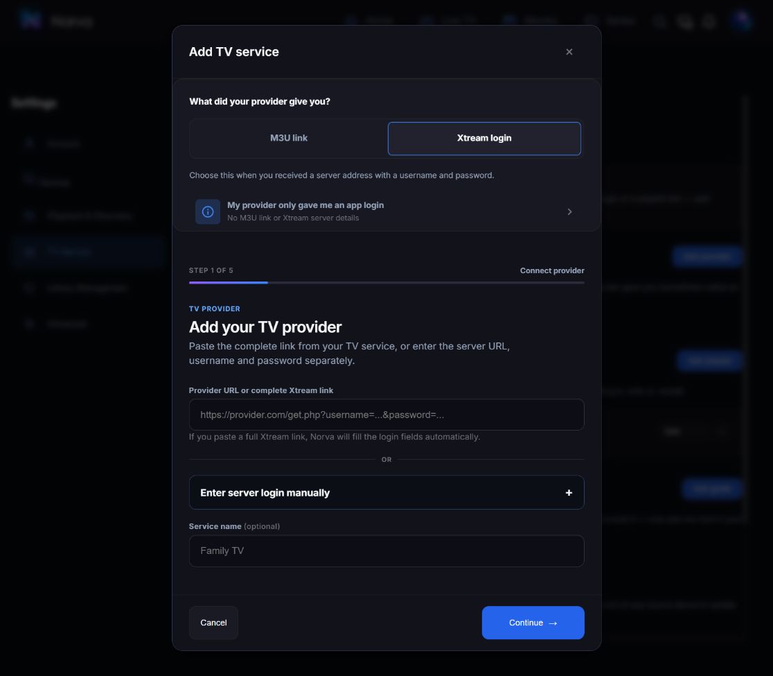 Norva Xtream connection form showing the first connection step and options for a full link or manual server details.